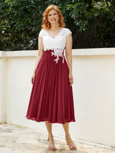 V Neck Chiffon Dress with Ivory Appliqued Bodice Burgundy