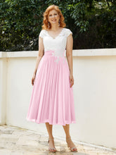 V Neck Chiffon Dress with Ivory Appliqued Bodice Candy Pink