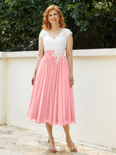 V Neck Chiffon Dress with Ivory Appliqued Bodice Flamingo