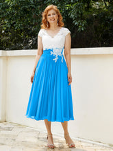 V Neck Chiffon Dress with Ivory Appliqued Bodice Ocean Blue