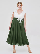 Neck Chiffon Dress with Ivory Appliqued Bodice Olive Green