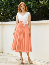 V Neck Chiffon Dress with Ivory Appliqued Bodice Papaya