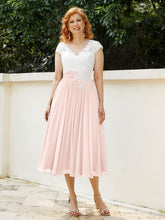 V Neck Chiffon Dress with Ivory Appliqued Bodice Pearl Pink