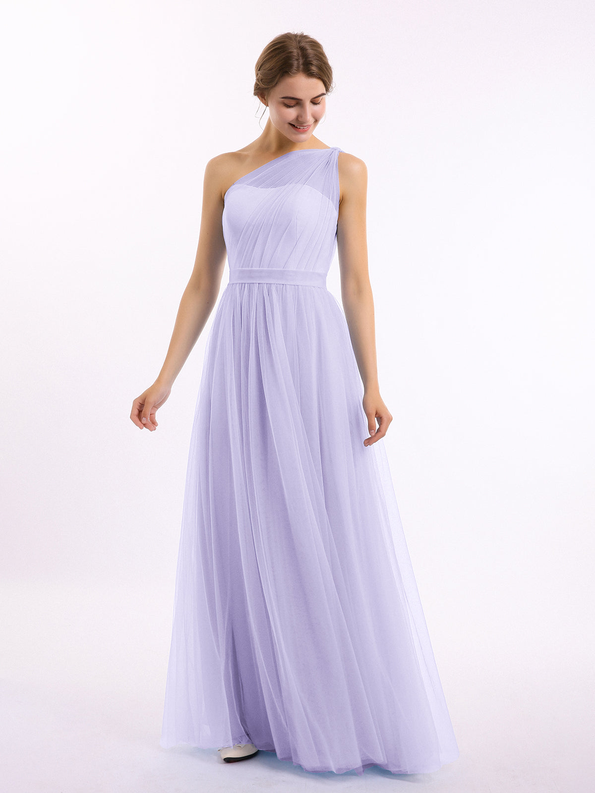 BABARONI Tulle Lilac Bridesmaid Dresses One Shoulder Floor-length Sleeveless Ruched A-line, Lilac / US0