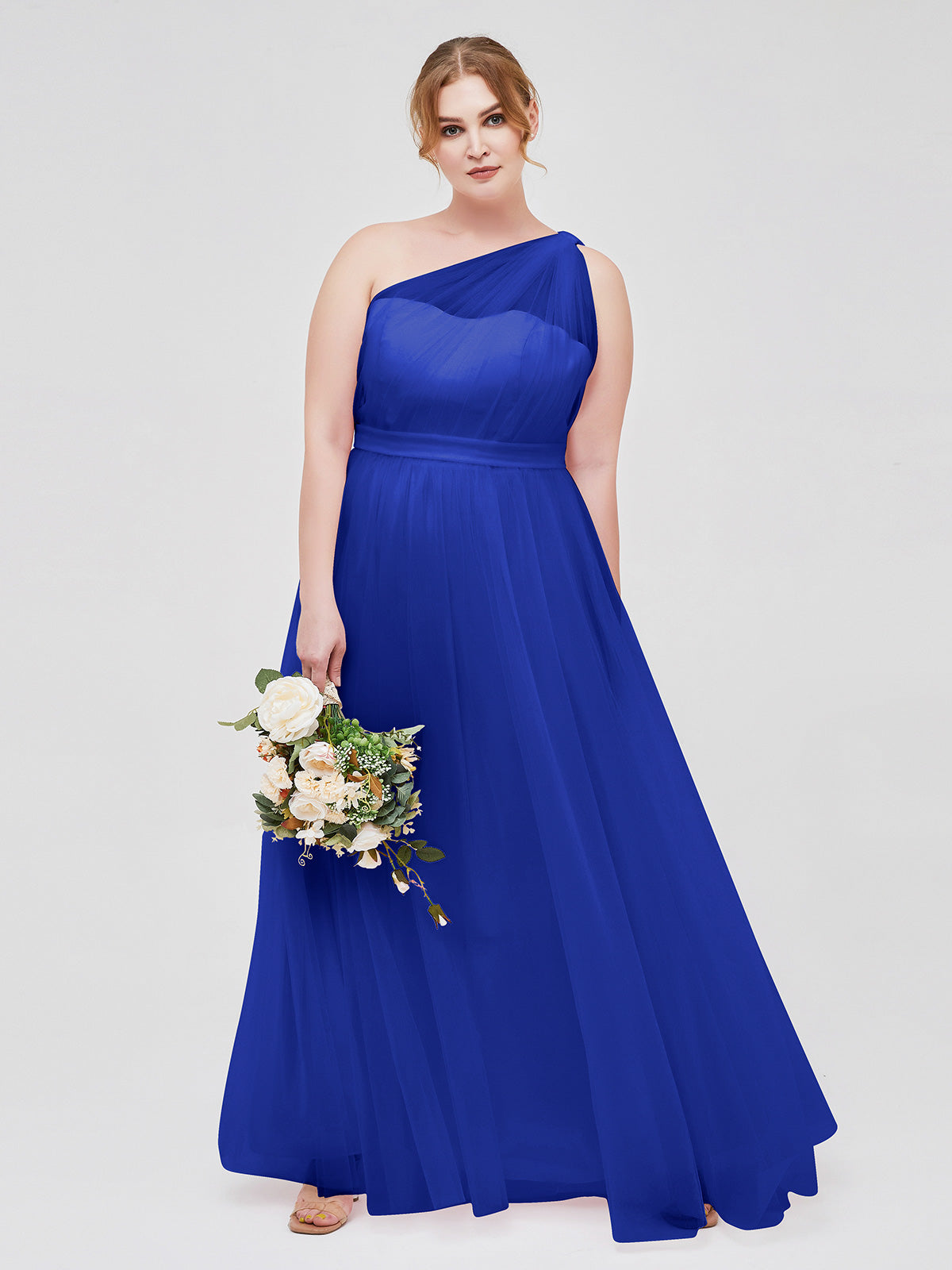 BABARONI Tulle Royal Blue Bridesmaid Dresses One Shoulder Floor-length Sleeveless Ruched A-line, Royal Blue / US0