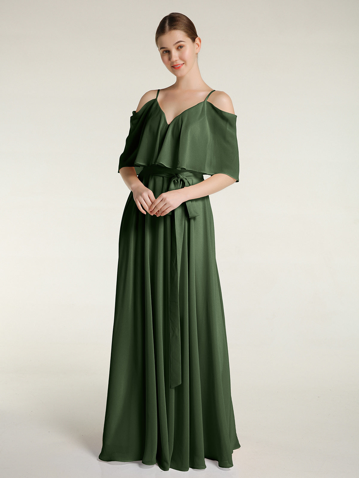 BABARONI Ruffles Sleeves Spaghetti Strap Chiffon Dresses Olive Green Plus Size, Olive Green / US18 BABARONI Ruffles Sleeves Spaghetti Strap Chiffon Dresses Olive Green Plus Size, Olive Green / US18