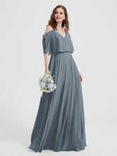 Ruffles Sleeves Spaghetti Strap Chiffon Dresses Slate Blue