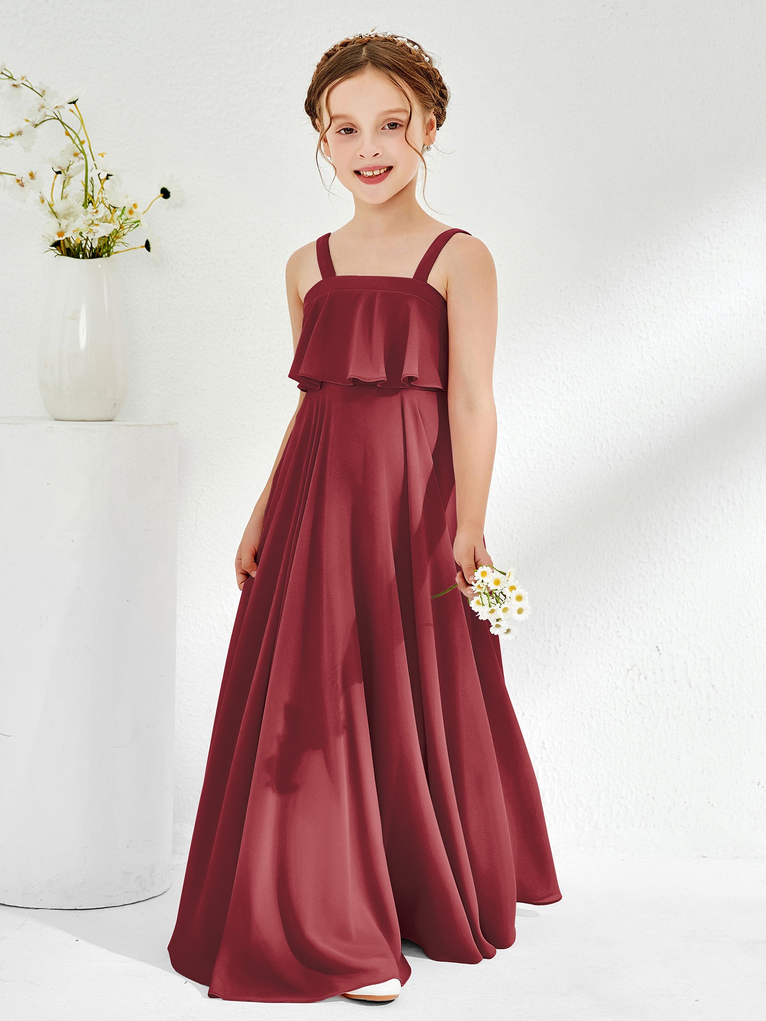 Jewel Neck Chiffon A-Line Junior Bridesmaid Dresses Cinnamon Rose