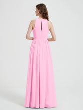 Halter Chiffon Simple Dress with Slit Candy Pink