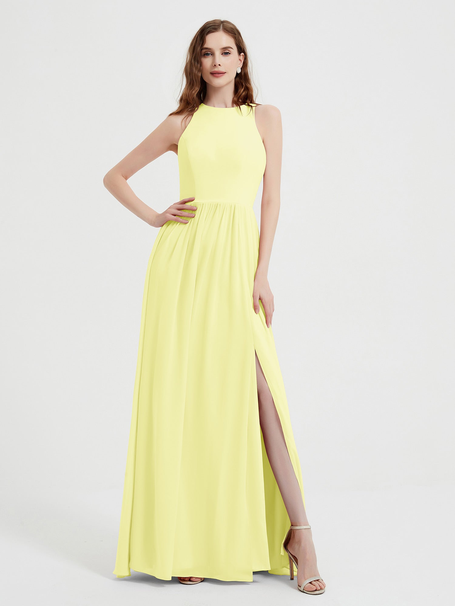 BABARONI Halter Chiffon Simple Dress with Slit Daffodil Plus Size, Daffodil / US18