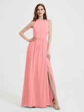 Halter Chiffon Simple Dress with Slit Flamingo