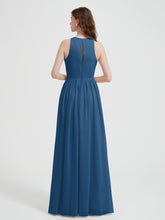 Halter Chiffon Simple Dress with Slit Ink Blue