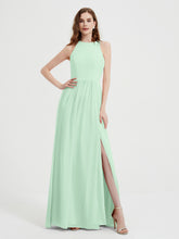 Halter Chiffon Simple Dress with Slit Mint Green