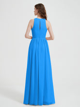 Halter Chiffon Simple Dress with Slit Ocean Blue