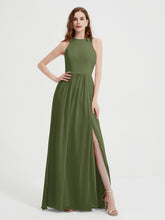Halter Chiffon Simple Dress with Slit Olive Green