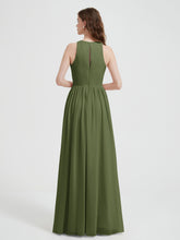 Halter Chiffon Simple Dress with Slit Olive Green