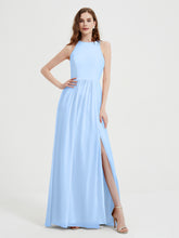 Halter Chiffon Simple Dress with Slit Sky Blue