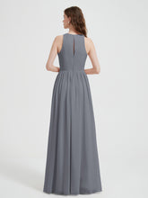 Halter Chiffon Simple Dress with Slit Steel Grey