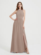 Halter Chiffon Simple Dress with Slit Taupe