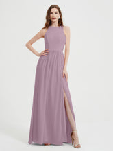 Halter Chiffon Simple Dress with Slit Vintage Mauve