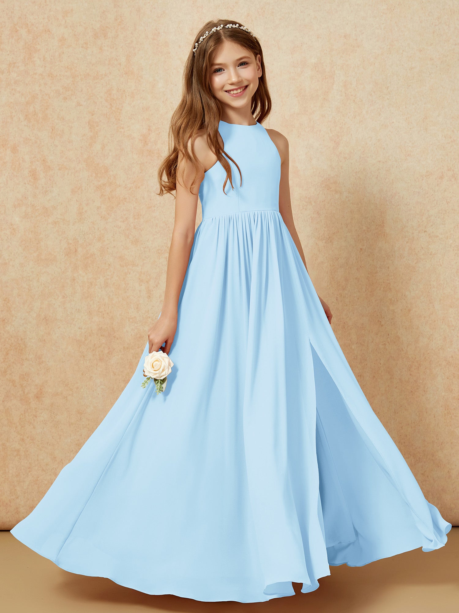 BABARONI Chiffon Sky Blue Junior Bridesmaid Dresses A-line Jewel
