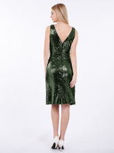 V neckline Short Sequins Lace Dress Olive Green
