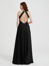 Halter Chiffon Dresses with Pleated Bodice Black