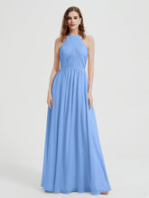 Halter Chiffon Dresses with Pleated Bodice Blue