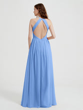 Halter Chiffon Dresses with Pleated Bodice Blue