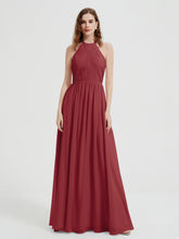 Halter Chiffon Dresses with Pleated Bodice Burgundy