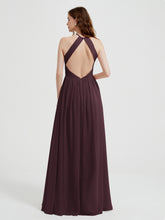 Halter Chiffon Dresses with Pleated Bodice Cabernet