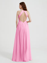 Halter Chiffon Dresses with Pleated Bodice Candy Pink
