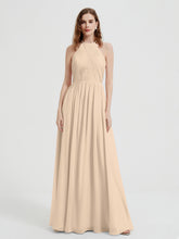 Halter Chiffon Dresses with Pleated Bodice Champagne
