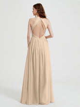 Halter Chiffon Dresses with Pleated Bodice Champagne