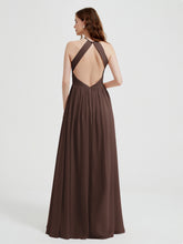 Halter Chiffon Dresses with Pleated Bodice Chocolate