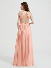 Halter Chiffon Dresses with Pleated Bodice Coral