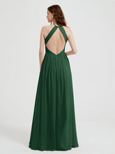 Halter Chiffon Dresses with Pleated Bodice Dark Green