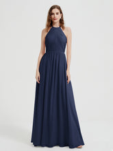 Halter Chiffon Dresses with Pleated Bodice Dark Navy