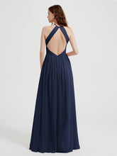 Halter Chiffon Dresses with Pleated Bodice Dark Navy