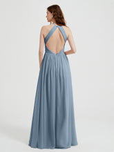 Halter Chiffon Dresses with Pleated Bodice Dusty Blue