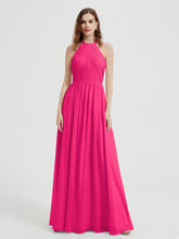 Halter Chiffon Dresses with Pleated Bodice Fuchsia