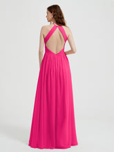 Halter Chiffon Dresses with Pleated Bodice Fuchsia