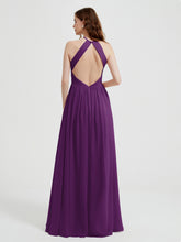 Halter Chiffon Dresses with Pleated Bodice Grape