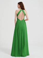 Halter Chiffon Dresses with Pleated Bodice Green