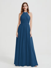 Halter Chiffon Dresses with Pleated Bodice Ink Blue