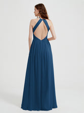 Halter Chiffon Dresses with Pleated Bodice Ink Blue