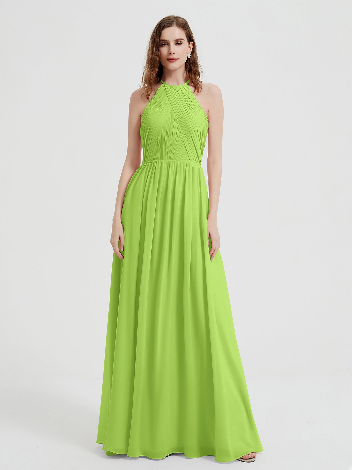 BABARONI Chiffon Lime Green Bridesmaid Dresses Halter Floor-length Backless Sleeveless Ruched A-line BABARONI Chiffon Lime Green Bridesmaid Dresses Halter Floor-length Backless Sleeveless Ruched A-line
