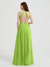 Halter Chiffon Dresses with Pleated Bodice Lime Green