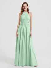 Halter Chiffon Dresses with Pleated Bodice Mint Green