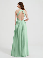 Halter Chiffon Dresses with Pleated Bodice Mint Green